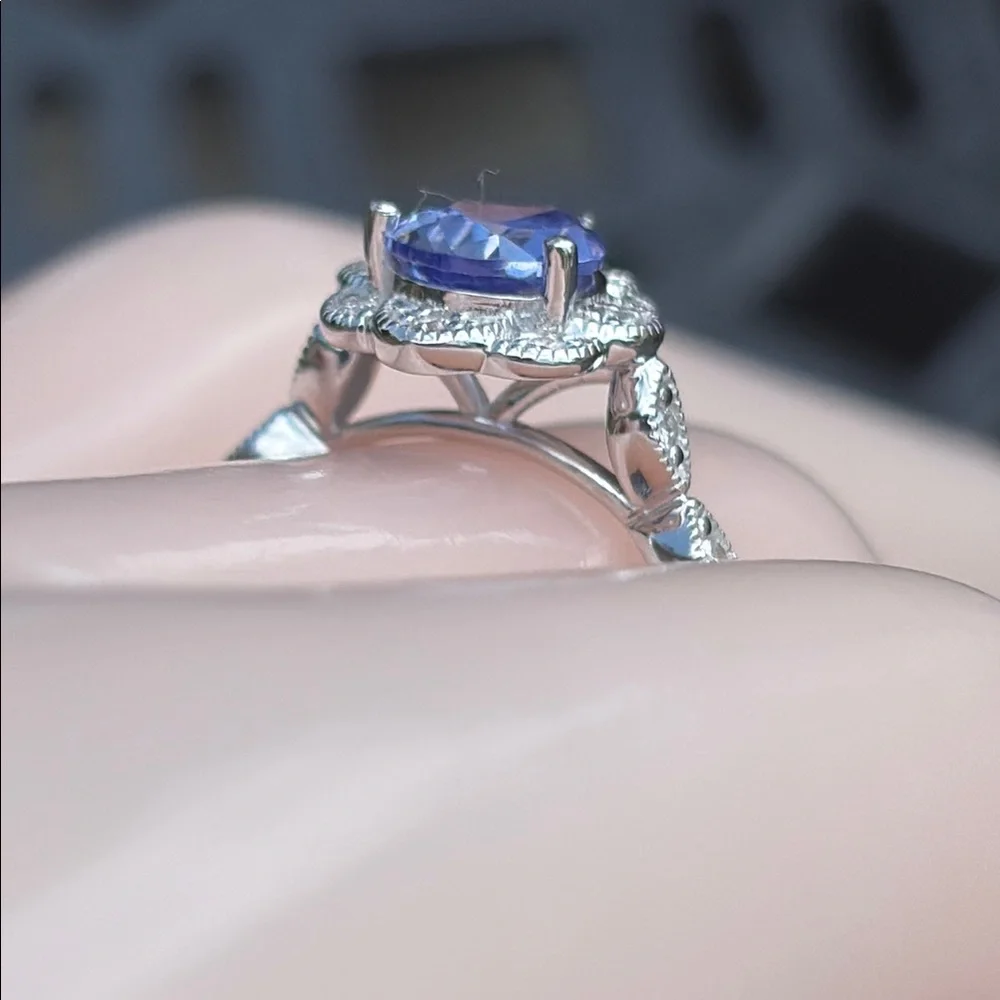 Pear Cut 1.25 tcw Genuine Tanzanite & Diamond Ring Sterling Silver Size 7